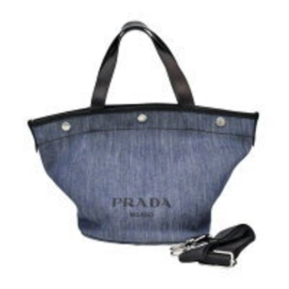 Prada Tote Bag Denim Leather Handbag Shoulder Gray Strap